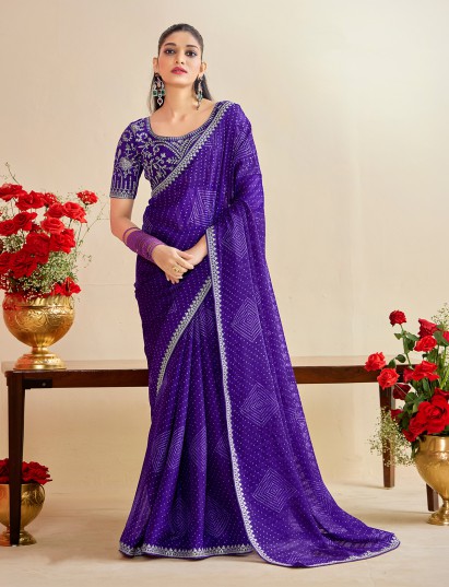 Purple bandhej georgette saree with embroidery work