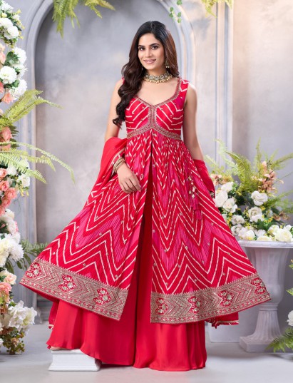 Cherry red chinon anarkali palazzo salwar suit