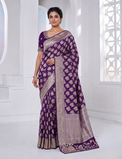 Purple Banarasi silk saree featuring floral zardosi thread and zari
