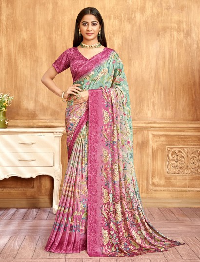 Pink and green floral printed shaded satin crepe silk saree