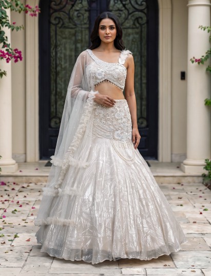 Cream shimmer silk cutdana designer party lehenga choli for women