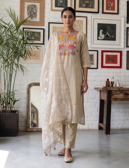 Beige linen straight cut kurti set with graceful dupatta