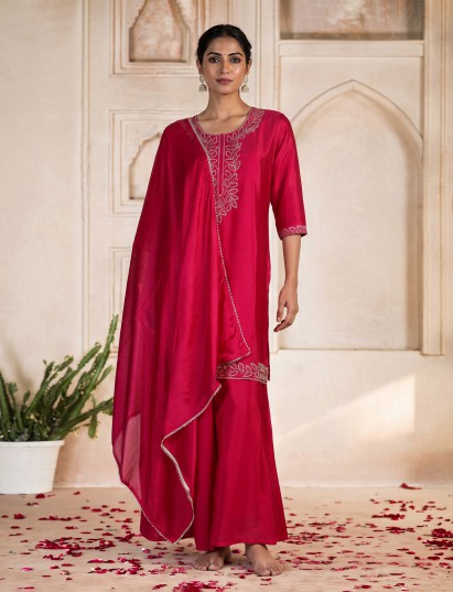 Rani pink silk kurti set with cutdana embellished palazzo dupatta