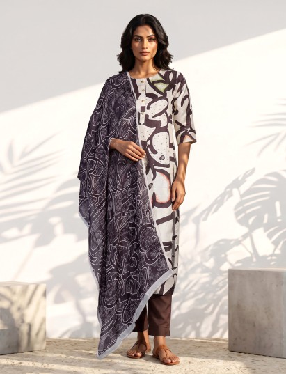 Brown silk printed kurti set with cutdana and stone detailing