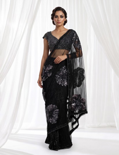 Black net designer saree with floral sequin embellishments