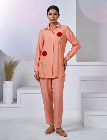 Peach tissue silk co ord set with thread detailing and pants
