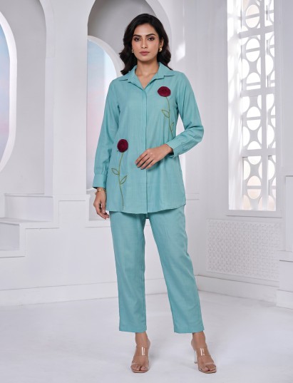 Sky blue tissue silk co ord set with full sleeves and pants