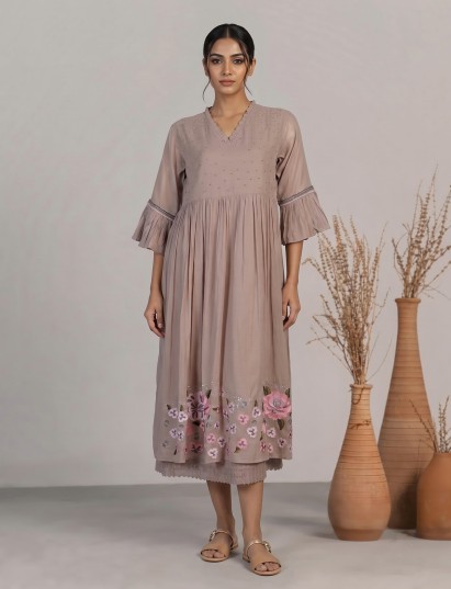 Dark beige silk kurti with embroidered detailing