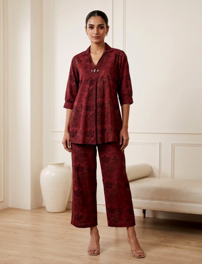 Maroon cotton silk printed designer palazzo co ord set