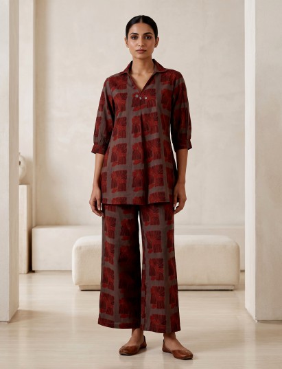Grey cotton silk printed casual palazzo co ord set