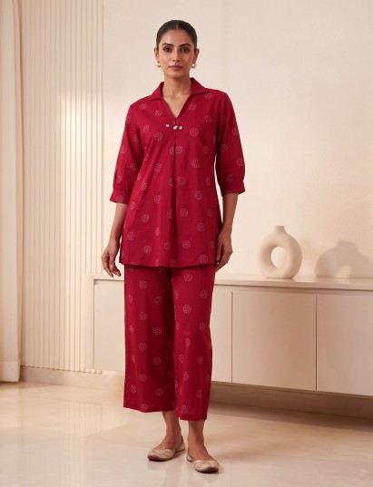 Maroon cotton silk printed casual palazzo co ord set