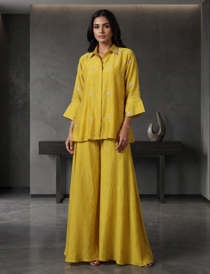 Mustard yellow crepe silk festive designer palazzo co ord set