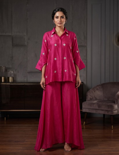 Rani pink crepe silk designer festive palazzo co ord set