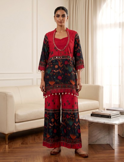 Red silk printed three piece palazzo co ord set