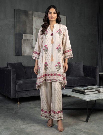 Cream pink silk printed festive palazzo co ord set