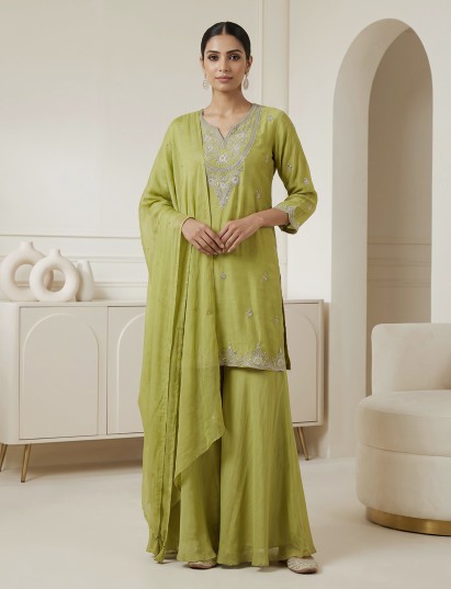 Green chiffon zardosi embellished festive kurti palazzo set women