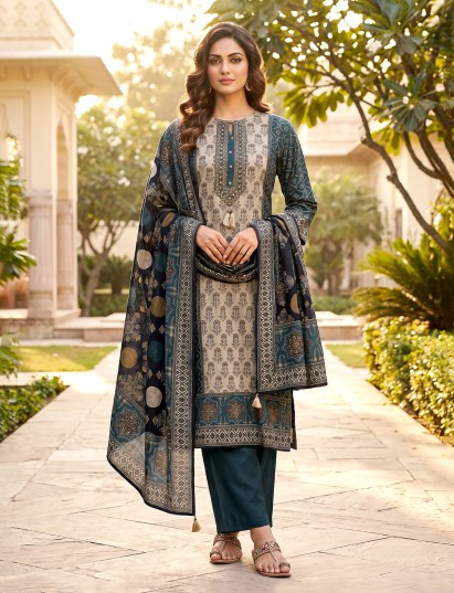 Rama blue silk printed festive palazzo kurti set