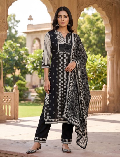 Black silk printed festive kurti set with dupatta