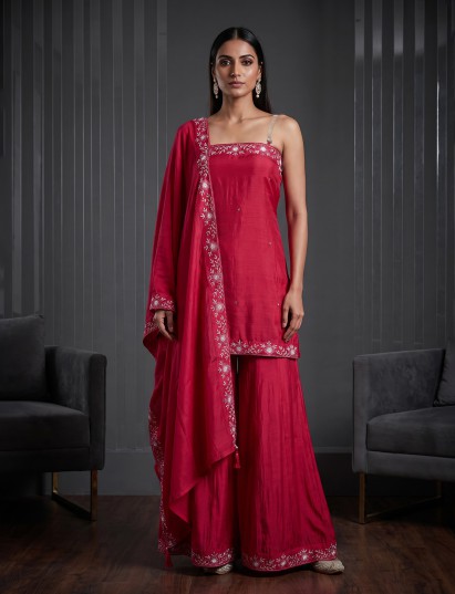 Magenta silk embroidered festive palazzo kurti set