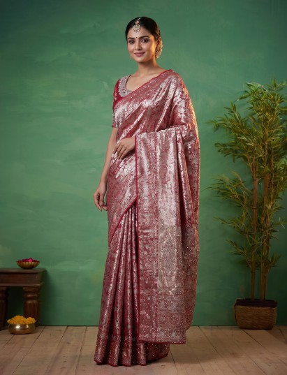 Red tissue silk embroidered animal motif festive saree for women