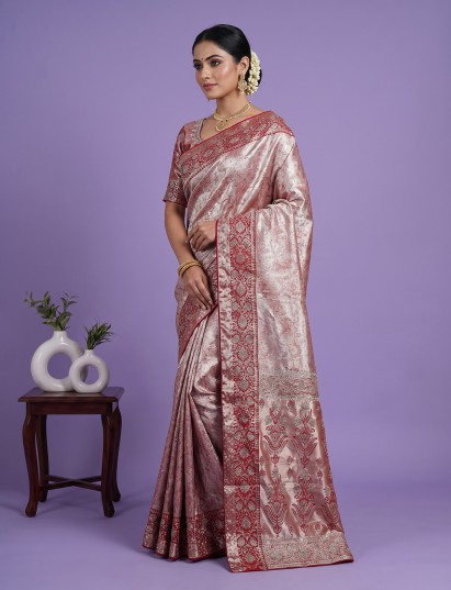 Red kanjivaram tissue silk embroidered bridal saree for grand celebrations