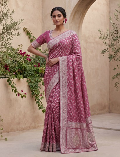 Mauve pink dola silk embroidered festive wedding saree for women