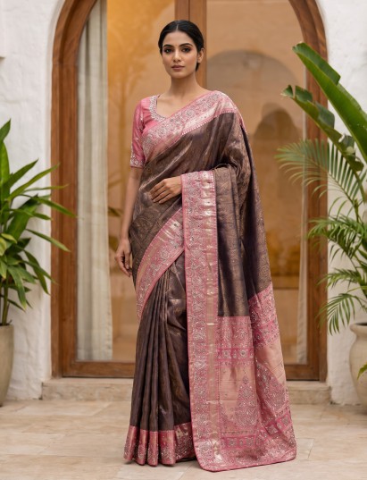 Grey kanjivaram silk embroidered contrast pallu festive saree for women