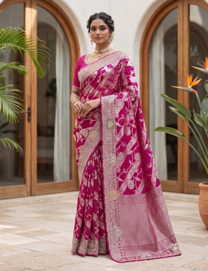 Rani pink banarasi silk embroidered festive wedding saree for women