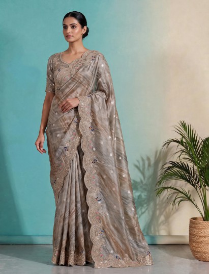 Grey tissue silk embroidered peacock border festive saree for women