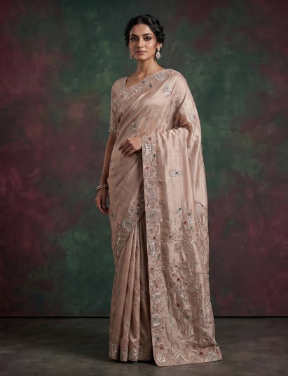 Pastel beige tissue silk embroidered bird motif saree for women