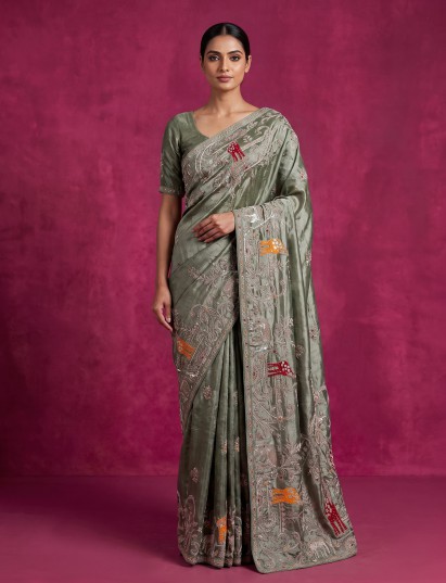 Sage green tissue silk embroidered animal design saree for women