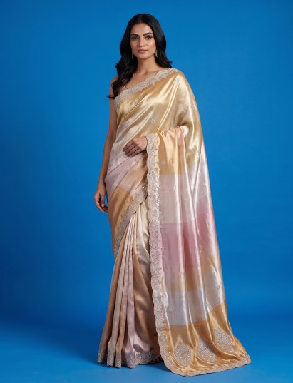 Pastel pink ziraf tissue silk designer festive saree for women