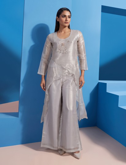 Pastel grey organza tissue designer festive palazzo suit