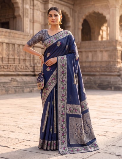Navy paithani silk saree with elegant floral zari design