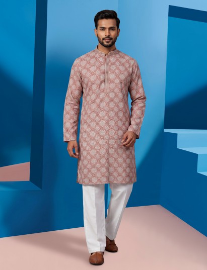 Brown silk printed festive wear kurta suit for men with mandarin collar elegance