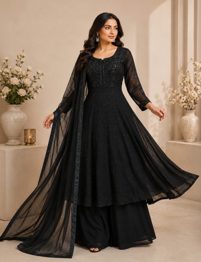Elegant black chiffon anarkali palazzo suit for women