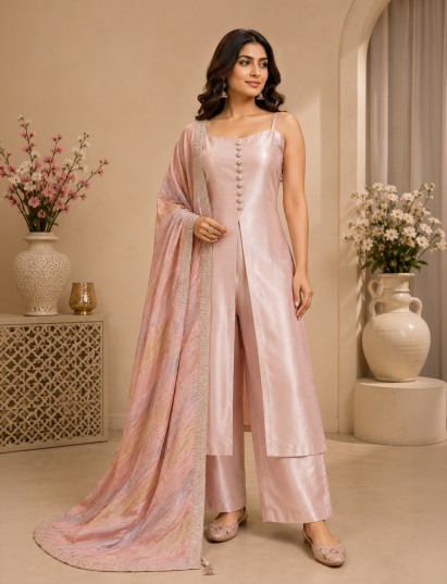 Opulent blush pink designer palazzo suit