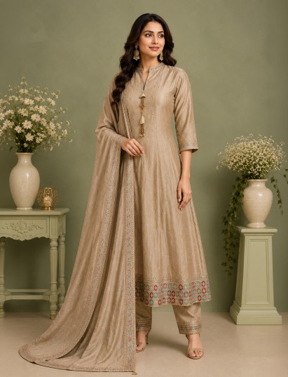 Regal beige embroidered anarkali suit for women