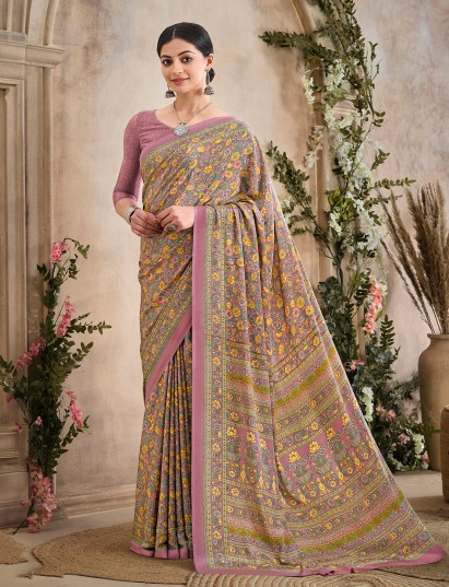 Onion pink floral printed crepe silk casualwear saree
