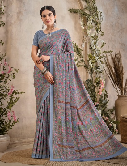 Pastel grey floral printed crepe silk casual saree