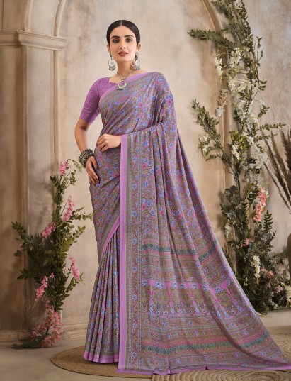 Lavender purple floral printed crepe silk