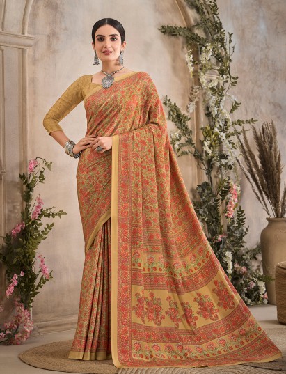 Khaki color floral printed crepe silk casual saree