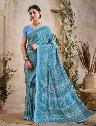 Sky blue floral printed crepe silk casual saree
