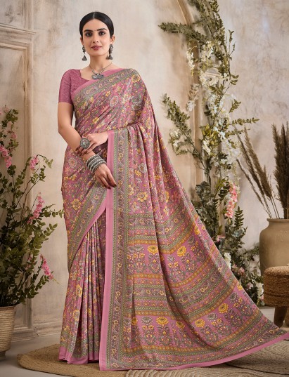 Onion pink floral printed crepe silk casual saree