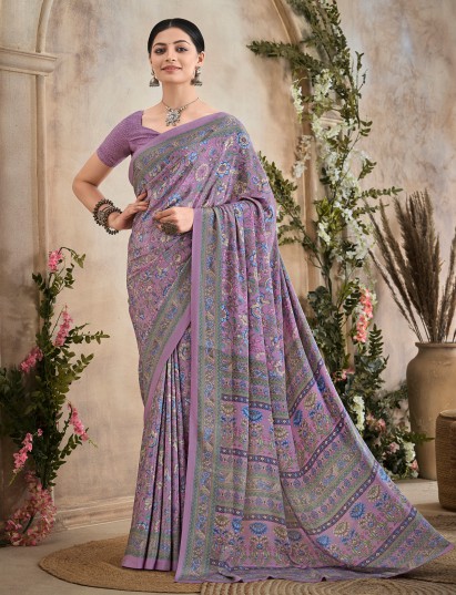 Lilac purple floral printed crepe silk casual saree