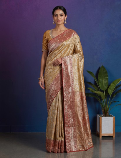 Mustard yellow kanjivaram tissue silk embroidered designer saree for women