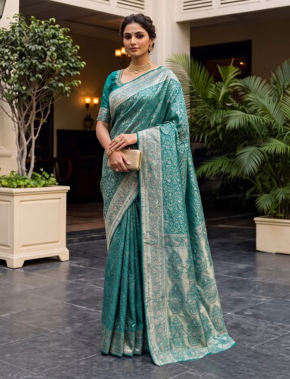 Rama green kanjivaram silk embroidered floral wedding saree for women
