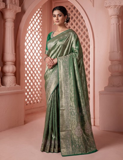 Green kanjivaram silk embroidered wedding designer saree for women