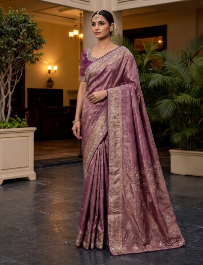 Purple kanjivaram silk embroidered floral designer saree for women