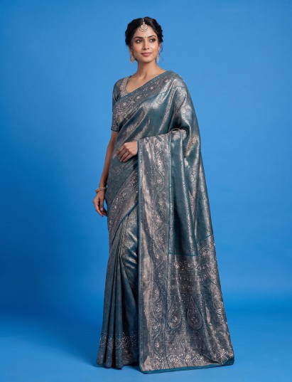 Teal blue kanjivaram silk embroidered ethnic festive saree for women